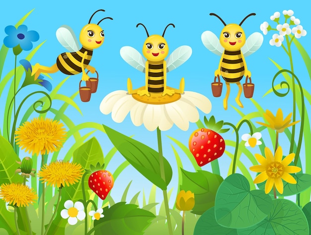 벡터 꽃 초원에 만화 꿀벌이 있는 풍경 sute 만화 꿀벌 꽃 위의 만화 꿀벌