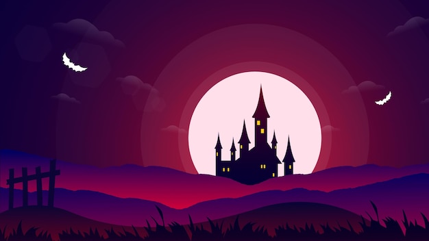 Paesaggio con castello, luna e nuvole, illustrazione di un castello e luna piena nella notte
