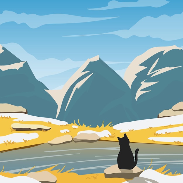 Landscape with cat on hill background Vector illustration