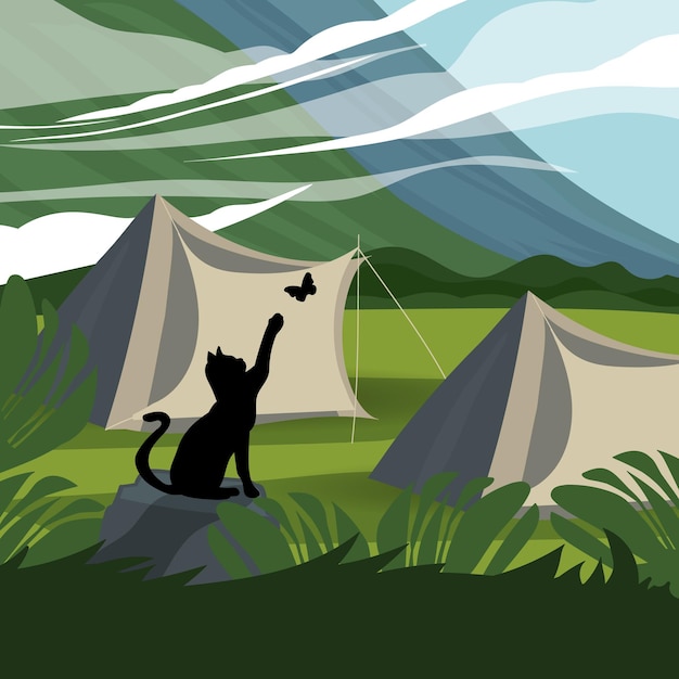 Landscape with cat on stone background Vector illustration