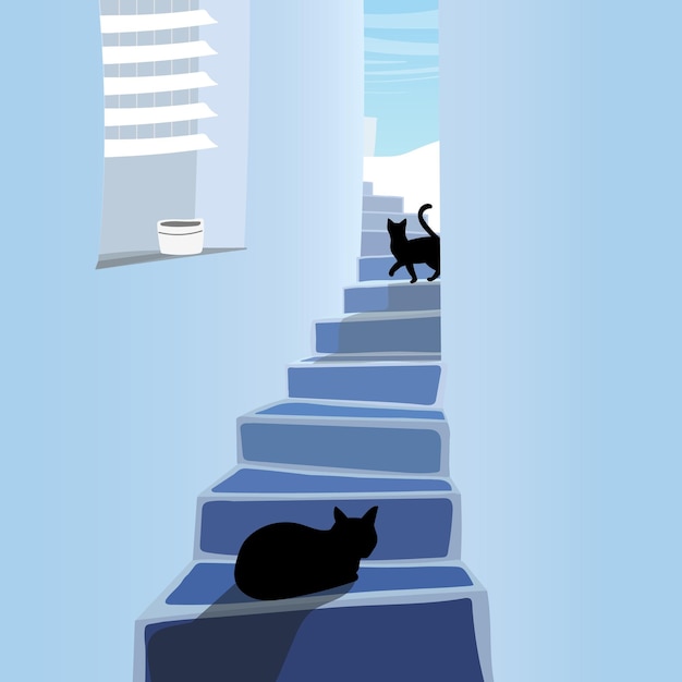 Landscape with cats on stairs background Vector illustration