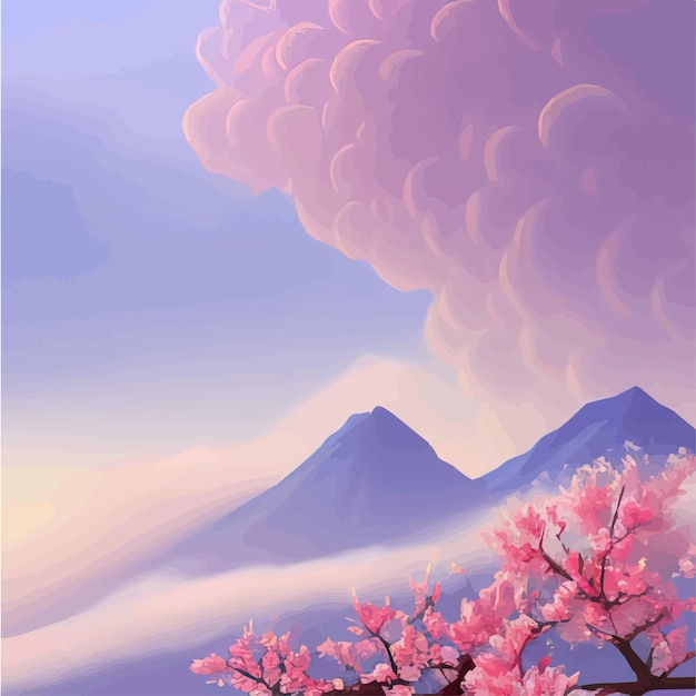 Vector landscape with cherry blossom branch misty mountains in clouds traditional oriental painting spring