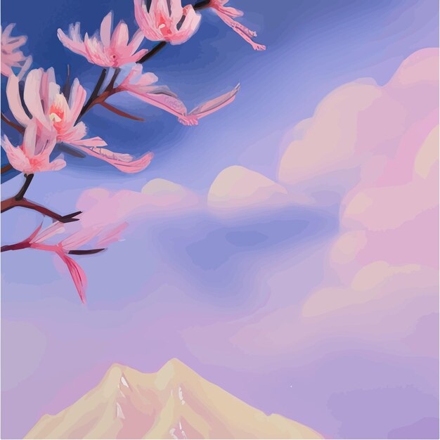 Vector landscape with cherry blossom branch misty mountains in clouds traditional oriental painting spring