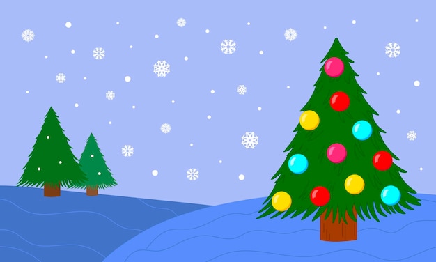 Landscape with a christmas tree decorated christmas balls, snow. vector illustration