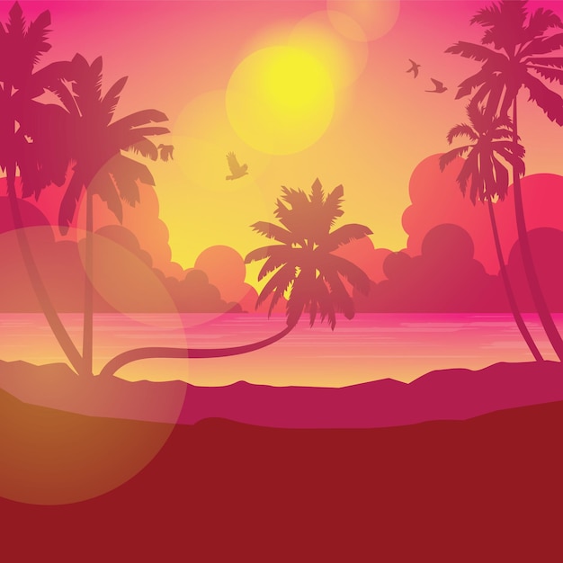 Vector landscape with coconut palm trees at sunset background summer sale silhouette background