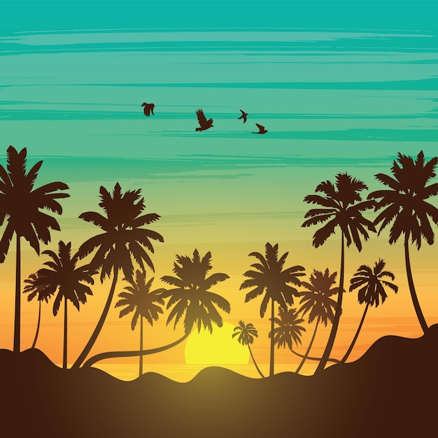 Landscape with coconut palm trees at sunset background summer\
sale silhouette background