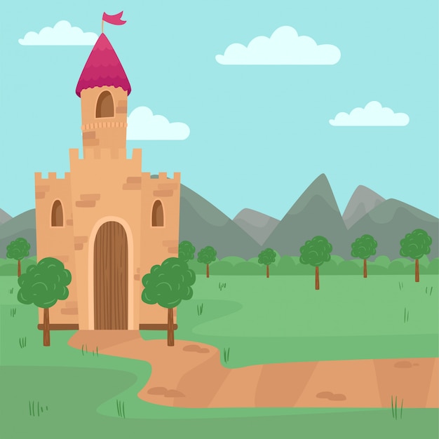 Landscape with fairy medieval castle   illustration, element for fairy tale story for children   Illustration