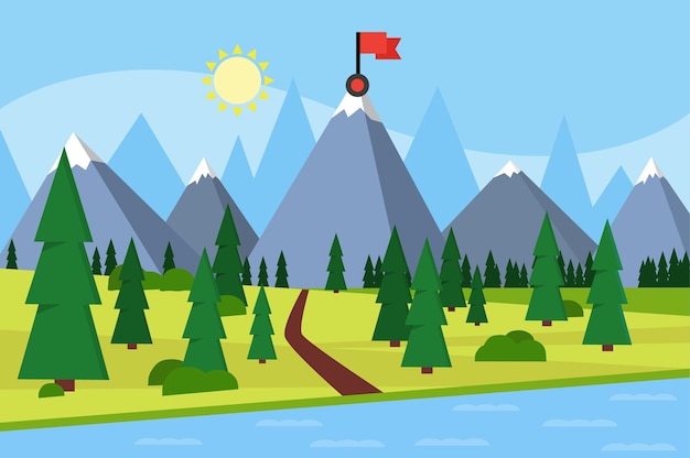 Vector landscape with flag on the mountain