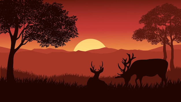 Vector landscape with forest at sunset with deer