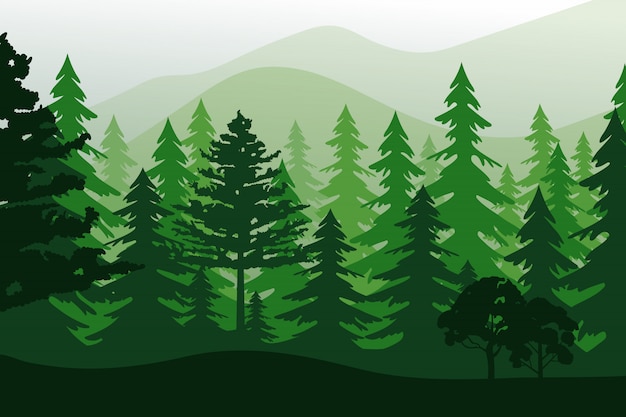 Vector landscape with green forest isolated.