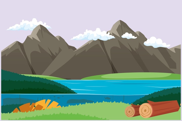 Vector landscape with green grass trees sky horizon and mountains nature concept colored flat vector