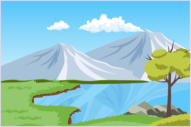 Landscape with green grass trees sky horizon and Mountains Nature concept Colored flat vector