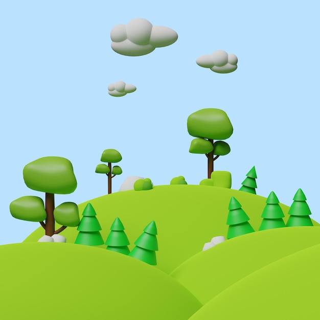緑の草の木の景色 空の地平線と山々 自然の概念 現実的な3Dオブジェクト