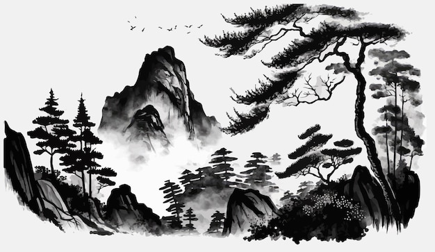 Landscape with high mountain over the forest hills in traditional oriental minimalistic Japanese style Vector illustration