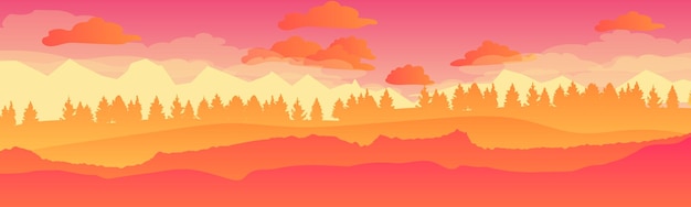 Пейзаж с высокими горами и лесом в несколько слоев на вечерней векторной иллюстрации плоский дизайн