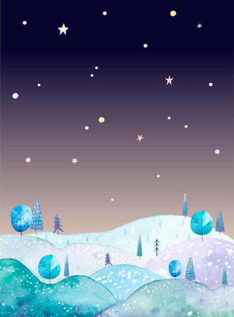 Landscape with hills and trees and stars, cute watercolor children's illustration