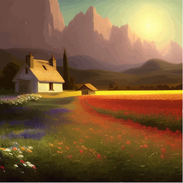 Vector landscape with house and flowery red fields against backdrop mountains vector illustration in the