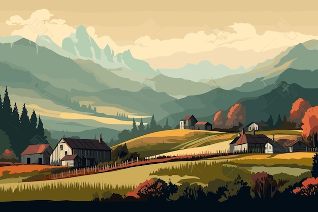 Vector a landscape with houses and mountains in the background.