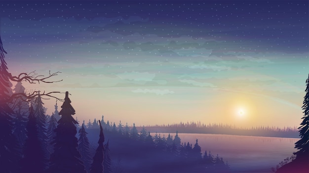 地平線上に大きな湖と松林のある風景。星空と森の夕日