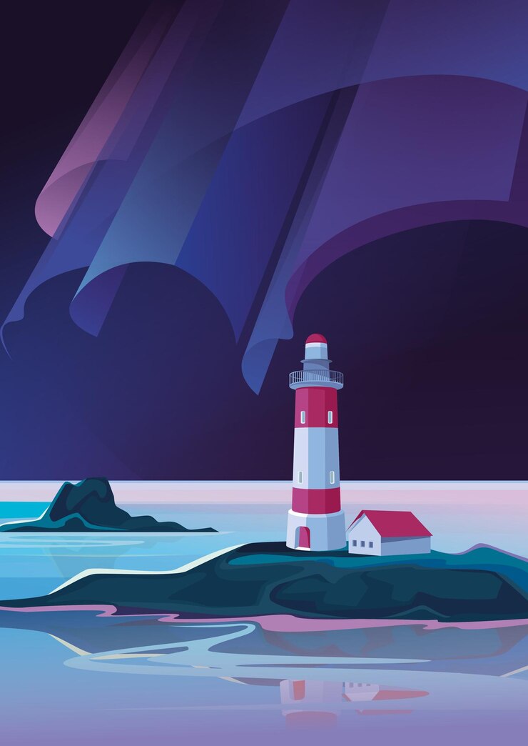 Vector landscape with lighthouse in the night
