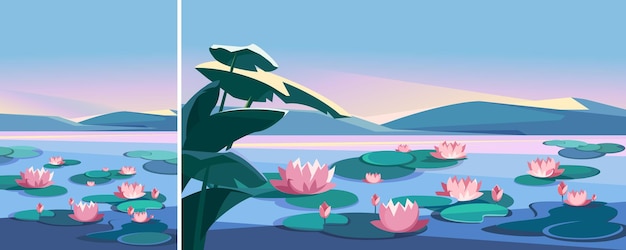 Landscape with lotuses and mountains