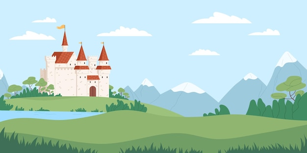 Landscape with medieval castle vector flat illustration. fairytale fortress near river, mountains and fields. beautiful scenery with facade of historical building. panoramic view with royal palace.