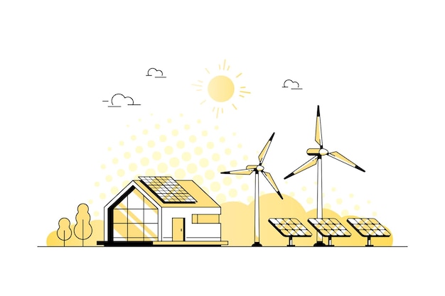 Vector landscape with modern house, solar panels and wind turbines. eco house, energy effective house, green energy concept banner design. flat style vector illustration.