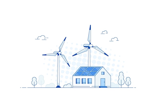 Vector landscape with modern house, solar panels and wind turbines. eco house, energy effective house, green energy concept banner design. flat style vector illustration.