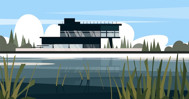 Landscape with modern modern high-tech house in nature in cartoon style. Flat landscape  illustration.