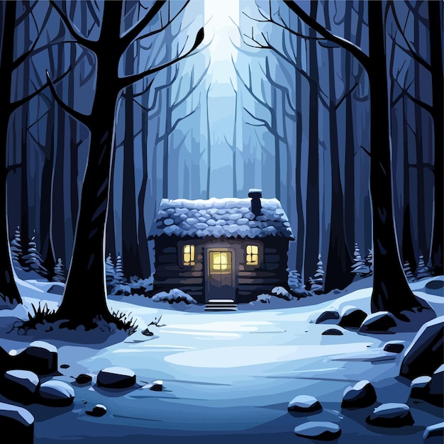 Landscape with moon moonlit night dark mysterious black forest and a home cottage house in winter