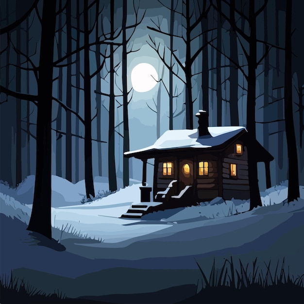 달빛이 비치는 밤의 어두운 신비한 검은 숲과 겨울의 별장 집이 있는 풍경