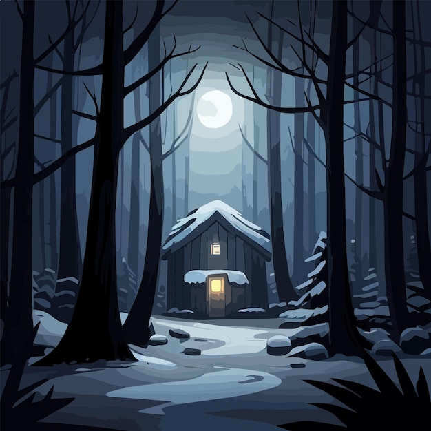 月月明かりの夜の暗い神秘的な黒い森と冬の家のコテージの家のある風景