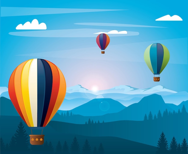 Landscape with mountain air balloons and forest Travel vector illustration