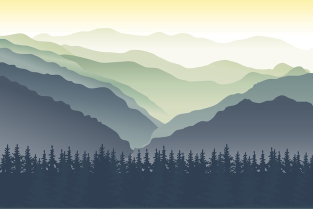 Vector landscape with mountain peaks blue and green mountains in the fog mountain landscape hills river