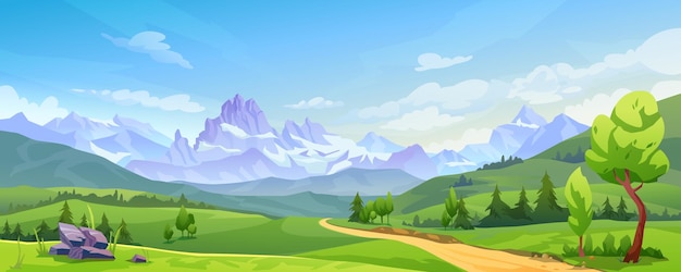 Vector landscape with mountain peaks green hills trees