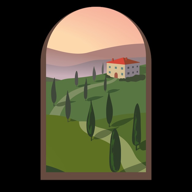 Vector landscape with mountains and hills through an old window.