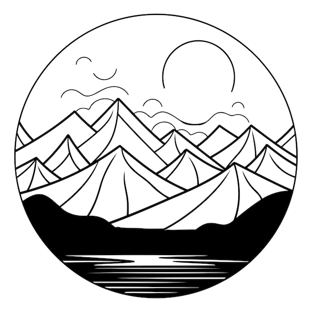 Landscape with mountains and lake Black and white vector illustration