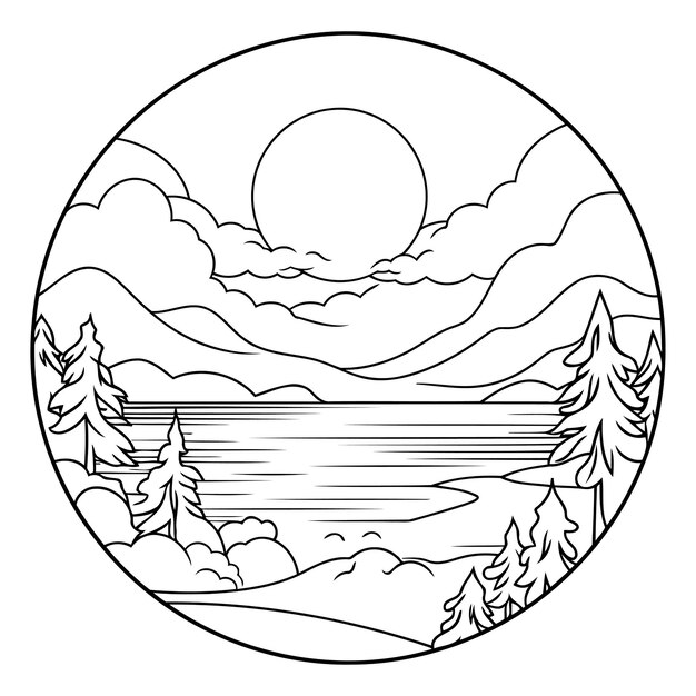 Vector landscape with mountains and lake icon black and white vector illustration graphic design