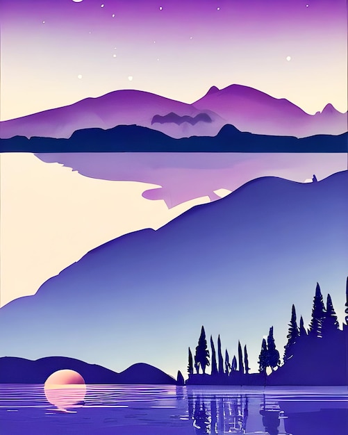 Landscape with mountains and lake in purple tones. Vector illustration. - Art Deco Illustration