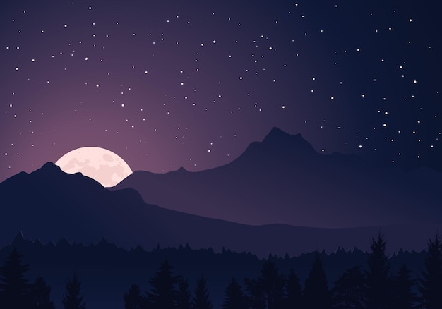 Vector landscape with mountains moon and stars