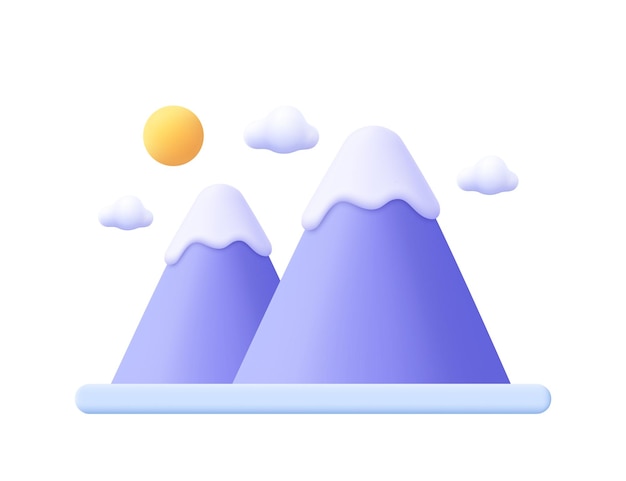 산 태양과 구름 풍경 환경 개념 3d 벡터 아이콘 만화 최소한의 스타일