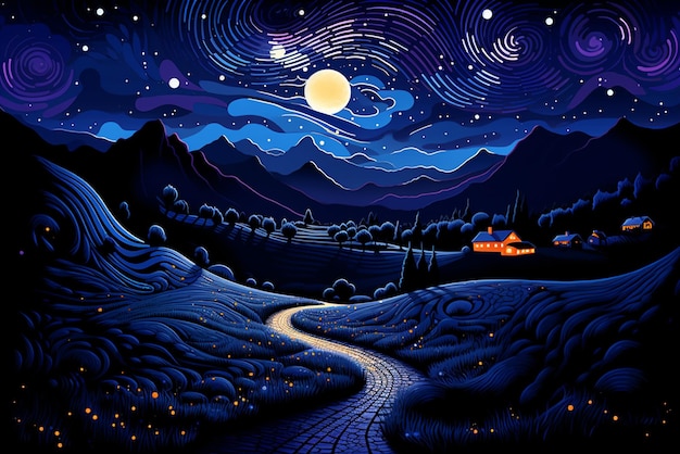 Vector the landscape with night and moon in the style of 2d art