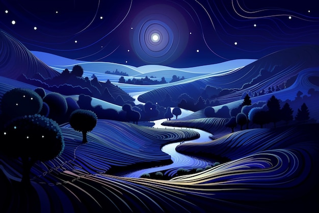 2Dアートのスタイルで夜と月のある風景