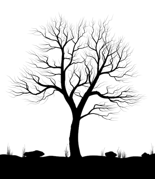 Пейзаж со старым деревом и травой на белом фоне Черно-белая векторная иллюстрация