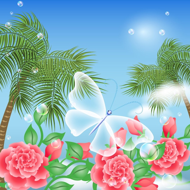 Vector landscape with palm trees, flowers and transparent butterfly