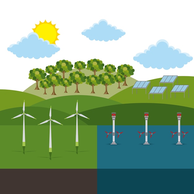 landscape with panel solar turbines wind