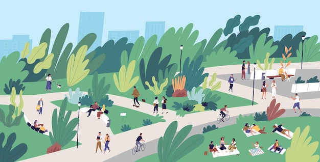 Vector landscape with people walking, playing, riding bicycle at city park. urban recreation area with men and women performing leisure activities outdoors. flat cartoon colorful vector illustration.