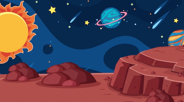 Vector of landscape with planets in space