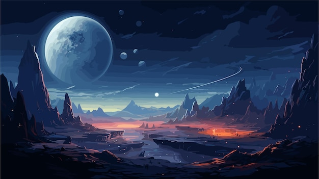 Vettore un paesaggio con sfondo di gioco di pianeti e stelle
