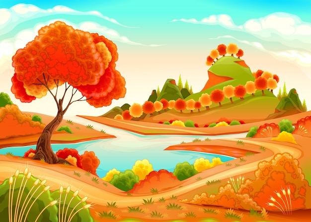 Vector landscape with pond, trees and hills